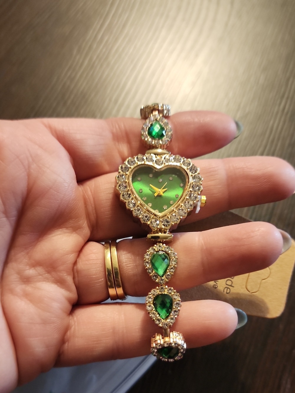 Gold-Tone Heart Green Crystal Bracelet Watch - Unbranded